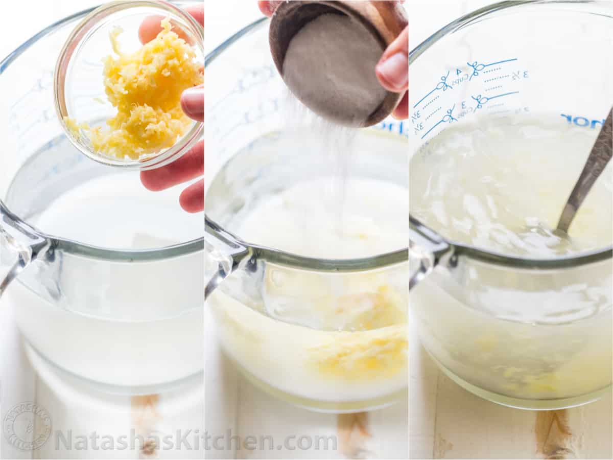 Three photos with marinate for Mini Bell Peppers being made in a measuring cup 