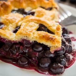 Slice of lattice top blueberry pie on plate