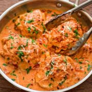 This one-pan Sun-Dried Tomato Chicken is quick, easy, and tossed in an incredibly creamy and delicious sun-dried tomato sauce + learn about cooking with sun-dried tomatoes | natashaskitchen.com