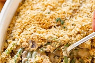 Green Bean Casserole in white serving dish