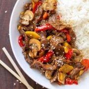 Beef Stir fry served in a bowl with rice