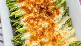 Asparagus Casserole bake on kitchen towel