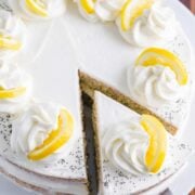 Lemon Poppy seed cake with a cut slice of cake