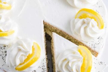 Lemon Poppy seed cake with a cut slice of cake