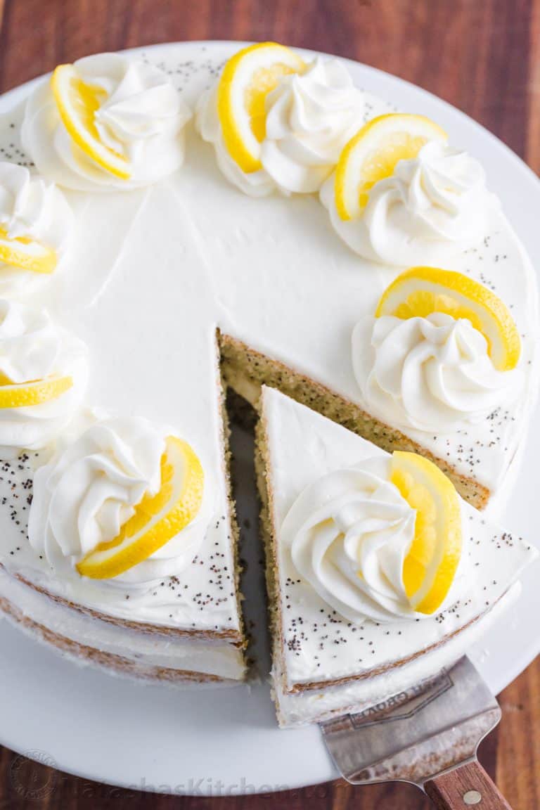 Lemon Poppy seed cake with a cut slice of cake