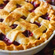 Homemade cherry pie baked with lattice crust