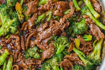 Beef and broccoli stir fry in a pan