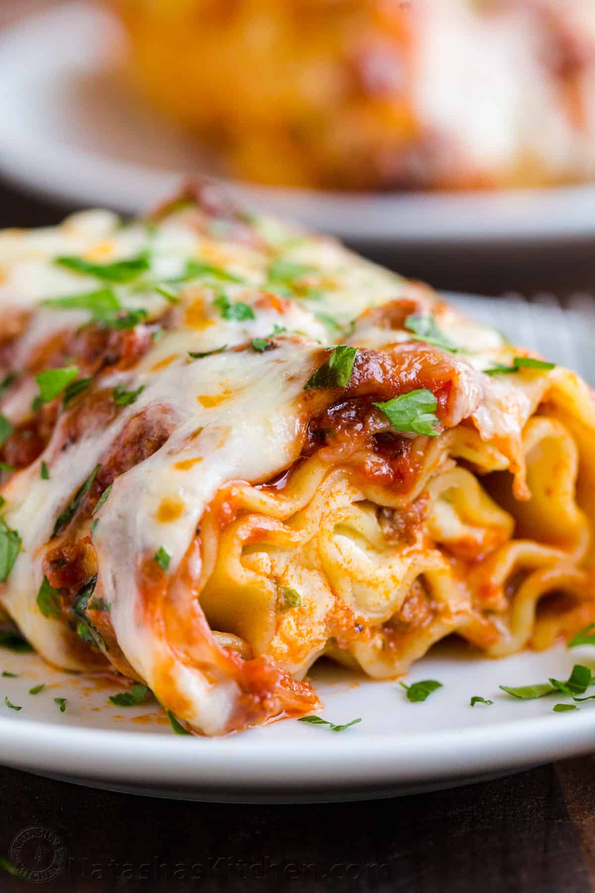 Lasagna roll up on a white plate