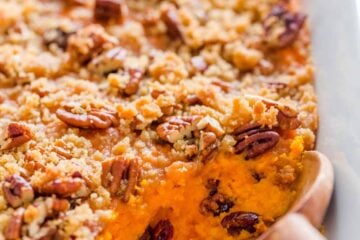 Sweet potato casserole recipe with serving spoon