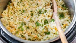 Instant Pot Chicken and Rice inside instant pot with spoon