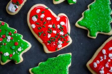 Sugar cookies recipe decorated on a Christmas cookie platter