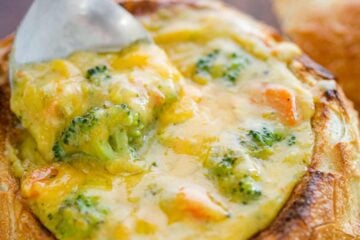 Panera Copycat Broccoli Cheese soup served in bread bowl