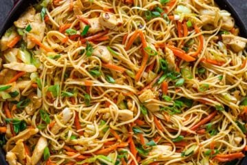 Chicken Chow Mein recipe in skillet with noodles, vegetables and homemade chow mein sauce