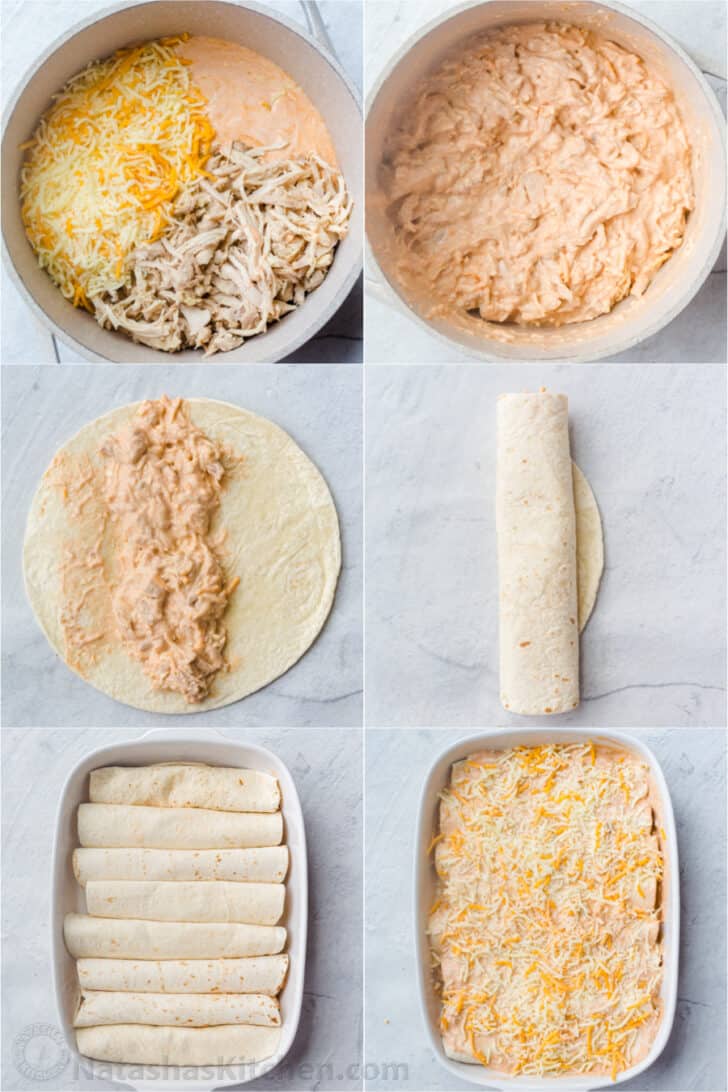 Detailed step-by-step photo collage how to make the filling for chicken enchiladas and how to assemble them into a casserole dish.