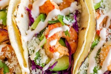 Shrimp taco up close on platter drizzled with sauce