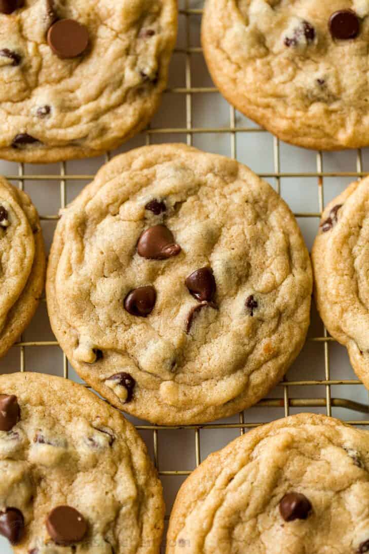 Chocolate chip cookies cooling on wire rack