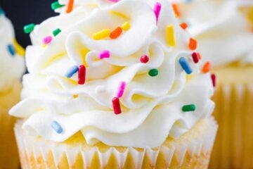 Vanilla cupcake with frosting and sprinkles