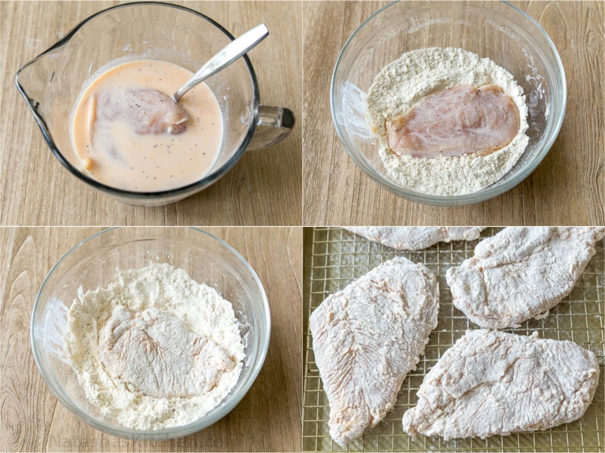 Step by step how to marinate and dredge chicken for fried chicken sandwiches