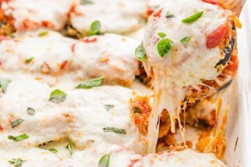 Baked Eggplant Parmesan: crisp eggplant layered with marinara and plenty of melted cheese