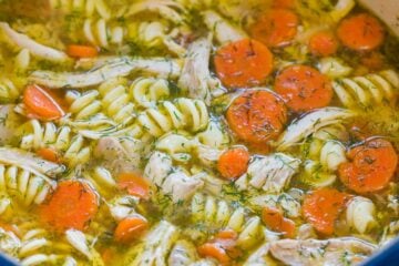 Chicken Noodle Soup in a blue pot