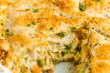 Chicken pot pie with a slice removed