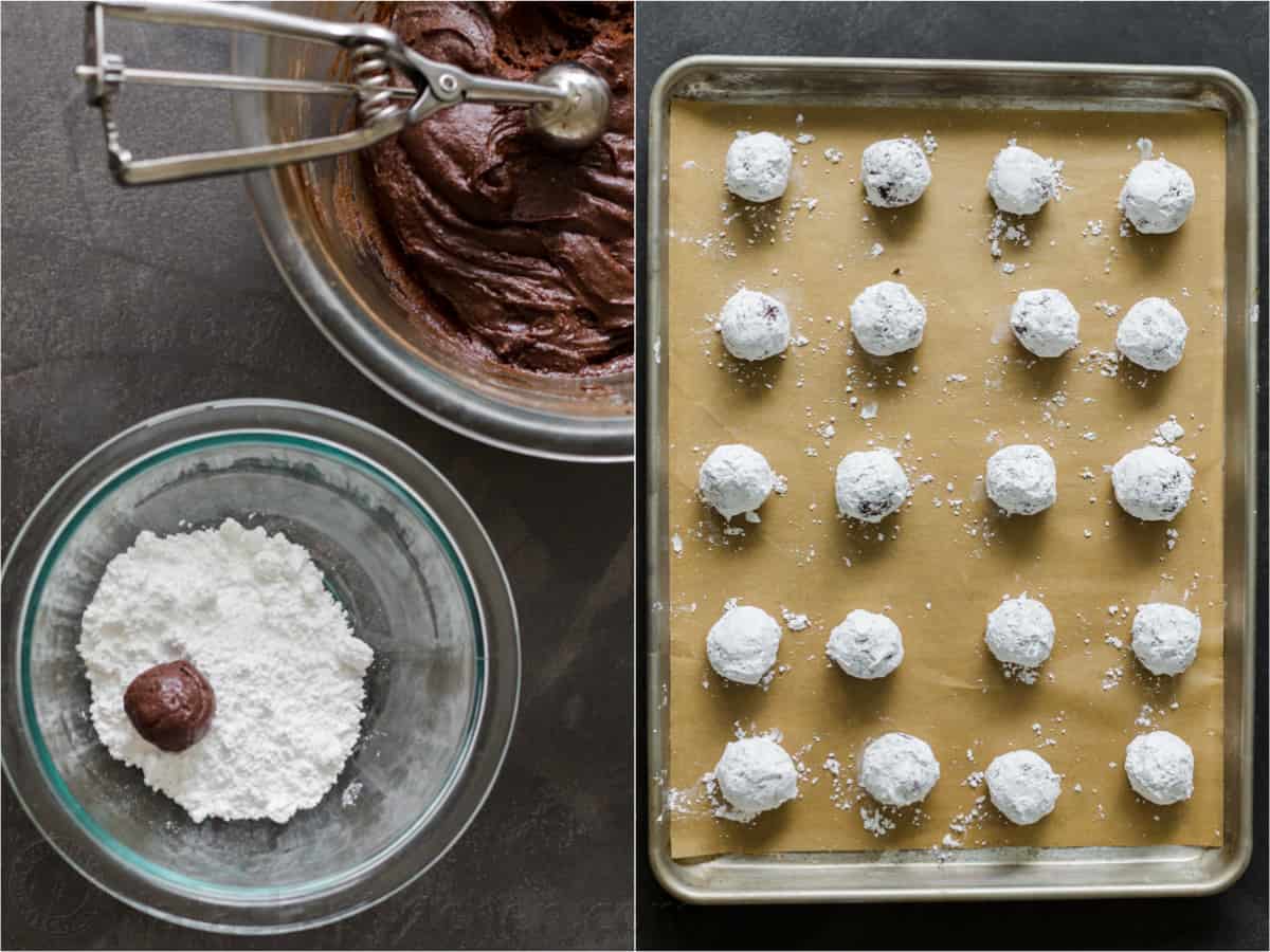 rolling Chocolate crinkle cookie dough in powdered sugar and spacing on a cookie tray