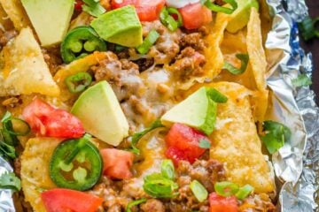 foil pack baked nachos with nacho toppings