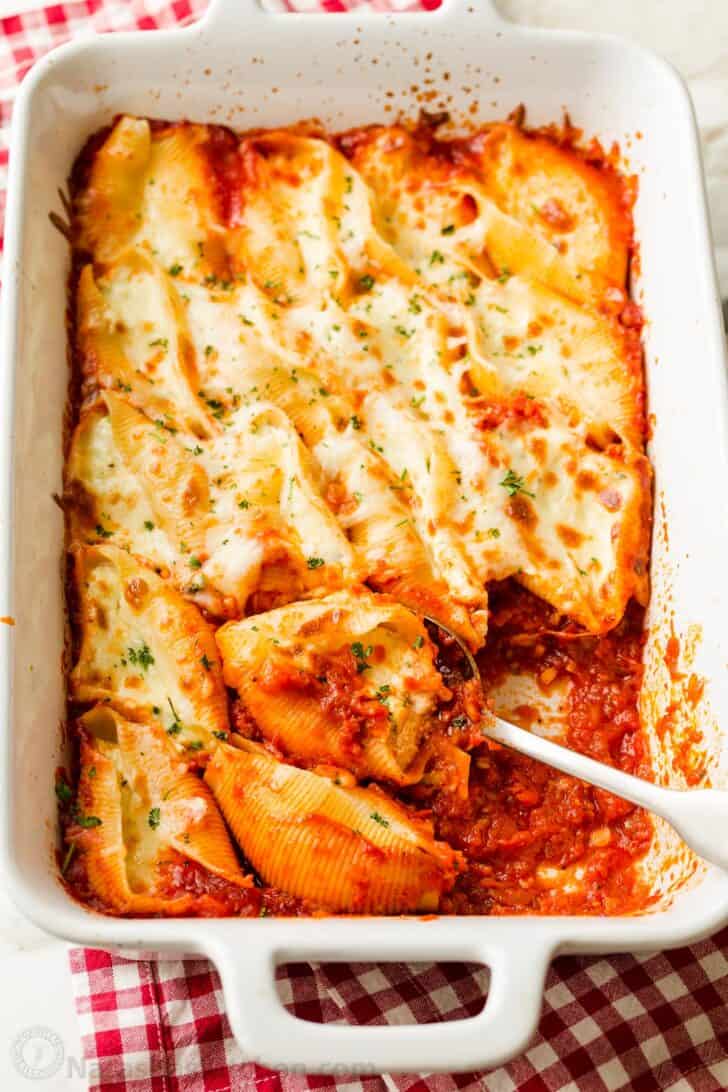 Stuffed shells made ahead in baking dish