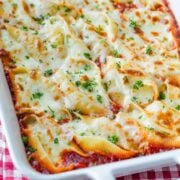 Stuffed pasta shells in a casserole dish