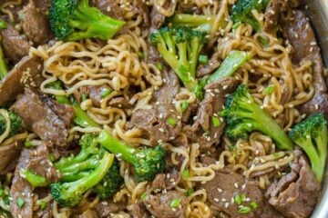 Beef broccoli ramen stir fry in saucepan