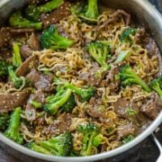 Ramen Stir Fry with Beef and Broccoli in skillet
