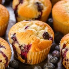Blueberry Muffins surrounded by blueberries