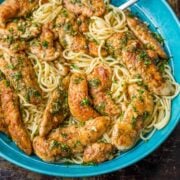 Chicken Scampi served over spaghetti