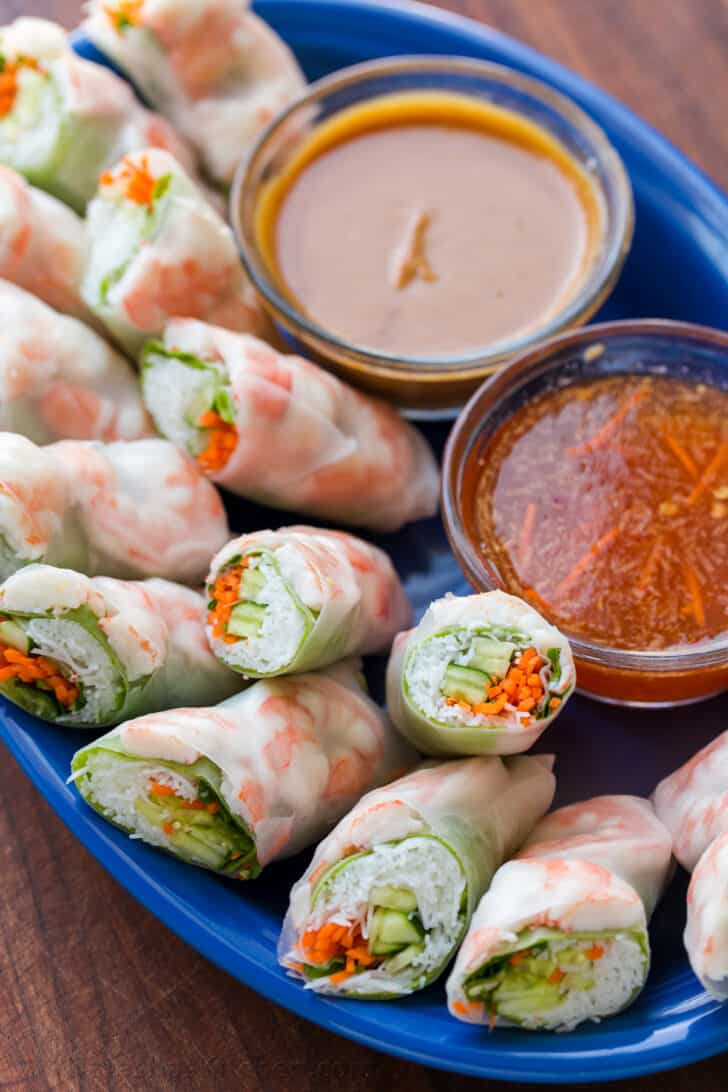 Spring rolls made ahead with sauces and served on serving platter