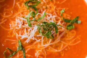 Creamy tomato soup served in a bowl