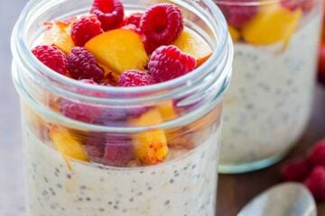 Overnight oats served in mason jars with fruit