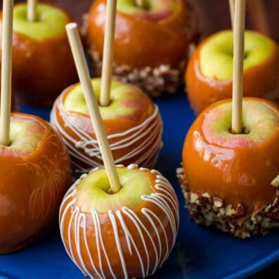 Caramel apples served on a platter