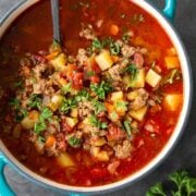 Hamburger soup garnished with parsley
