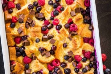Brioche bread pudding in casserole dish