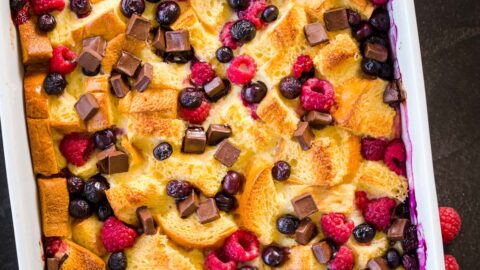 Brioche bread pudding in casserole dish