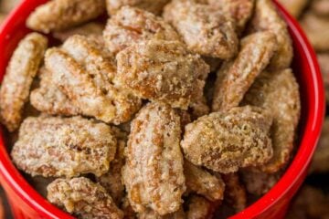 Candied Pecans in red bowl