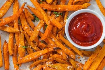 Air Fryer sweet potato fries served with ketchup