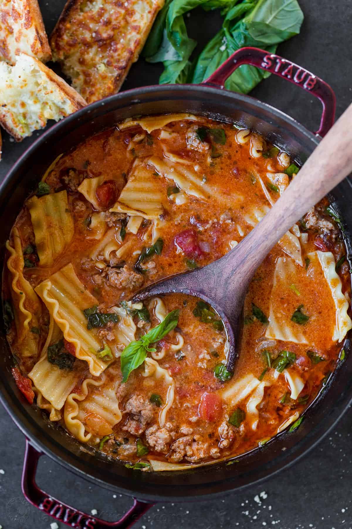 Lasagna soup in a pot with ladle