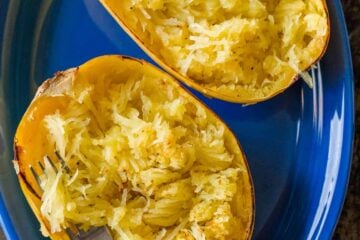 Baked spaghetti squash served on a platter