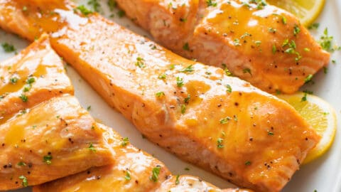 Brown Sugar Glazed Salmon on platter