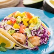 shrimp tacos with mango coconut coleslaw