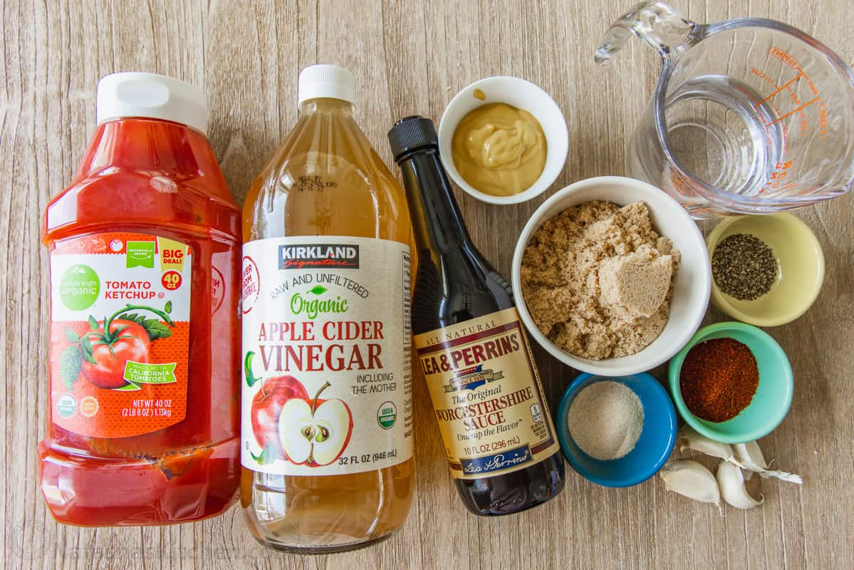 Overhead view of ingredients for homemade BBQ sauce