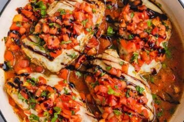 Bruschetta chicken in skillet