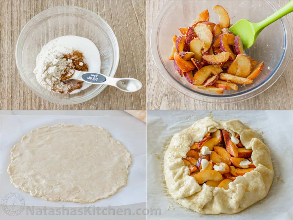 My easy peach galette recipe features fresh peaches on top of a flaky, rustic crust. It has all the flavor of peach pie without as much fuss. How to make peach galette in pictures from mixing the dough to the filling to shaping the dessert