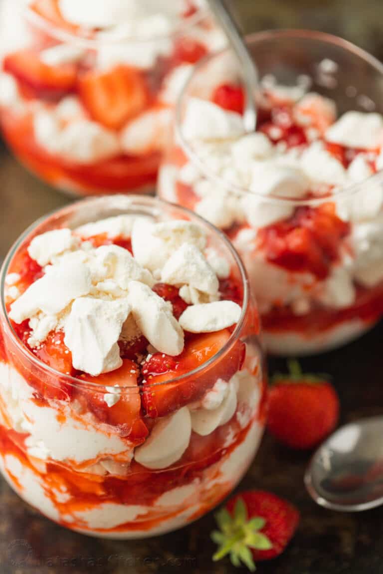 Strawberry eaton mess in glass serving cups